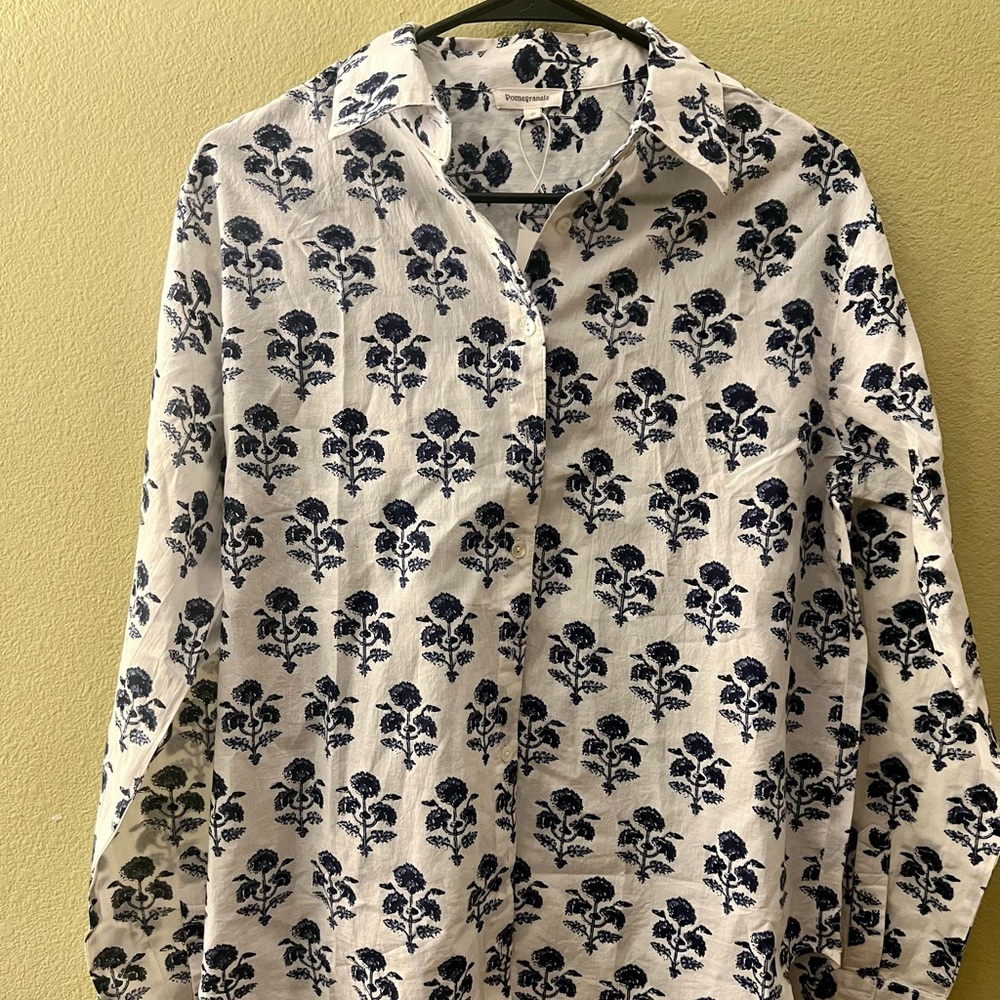 Pomegranate Agra Bloom Indigo Pintuck Collared Tunic
